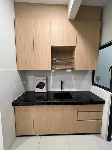 Kitchen features: light wood cabinetry, black marble countertop, single-bowl stainless-steel sink, chrome pull-down faucet, white tiled backsplash, upper cabinets with glass shelf, lower cabinets with drawers, built-in dish rack, ceramic tile flooring, recessed lighting; style: modern.