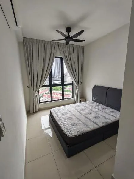 Bedroom features: queen-size bed, upholstered headboard, floor-to-ceiling windows, sheer curtains, 5-blade ceiling fan, white painted walls, tile flooring, decorative wall, city view; style: modern; view: city.