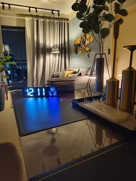 Living features: sofa in grey fabric, coffee table, floor-to-ceiling windows, curtains in light grey, decorative wall art, table lamp, decorative vases, digital clock, plant in ceramic pot, wall-mounted lighting, area rug, accent wall in blue, wooden flooring; style: modern; view: city.