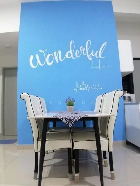 Dining features: white dining table, 4 upholstered dining chairs with black legs, blue accent wall with 'Wonderful' text, decorative plant on table, table runner with geometric pattern, glossy tile flooring, recessed ceiling lights; style: modern.