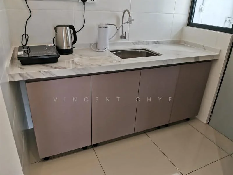 Kitchen features: marble countertop, single-bowl stainless-steel sink, chrome pull-down faucet, built-in cabinetry in light brown, kettle, electric stove, white walls, tile flooring, window for natural light; style: modern.