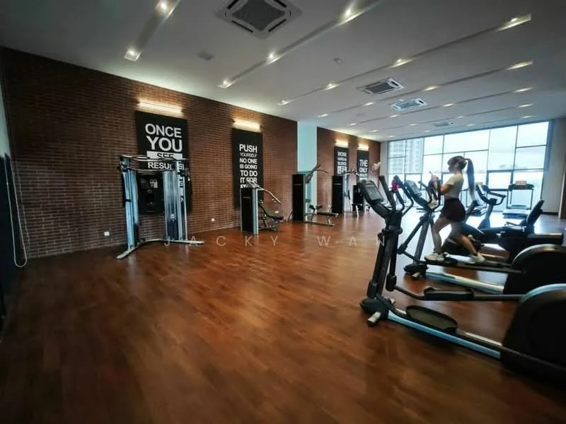 Gym features: wood laminate flooring, exposed brick walls, large windows with city view, treadmills, elliptical machine, weight training machine, motivational wall art, ceiling-mounted air conditioning units, recessed LED downlights; style: modern; view: city.