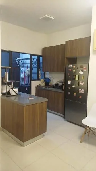 Kitchen features: brown wooden cabinetry, stainless-steel fridge, kitchen island with storage, white tiled flooring, black countertop, built-in oven, sink, window with grid pattern, refrigerator with magnets, open shelving, wall-mounted utensils, light fixture on ceiling; style: modern.