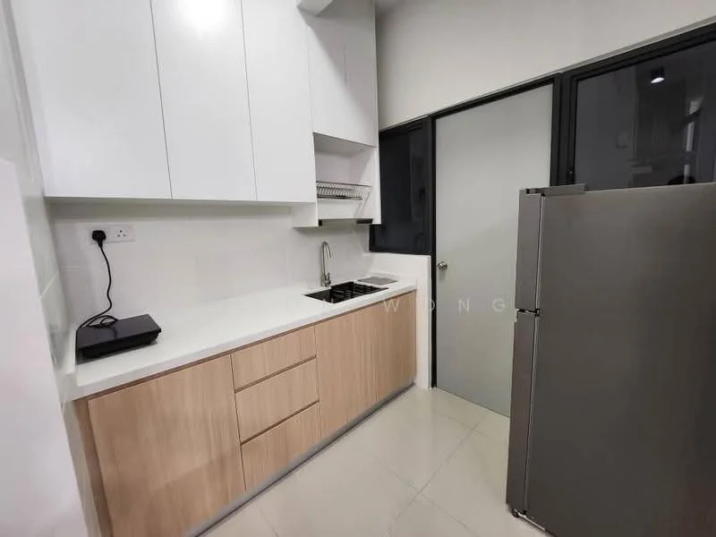 Kitchen features: white cabinetry with upper cabinets, light wood lower cabinets, white quartz countertop, single-bowl stainless-steel sink, chrome pull-down faucet, built-in gas hob, stainless-steel fridge, wall-mounted dish rack, tile backsplash, recessed downlights, grey tiled flooring, large window for natural light; style: modern.