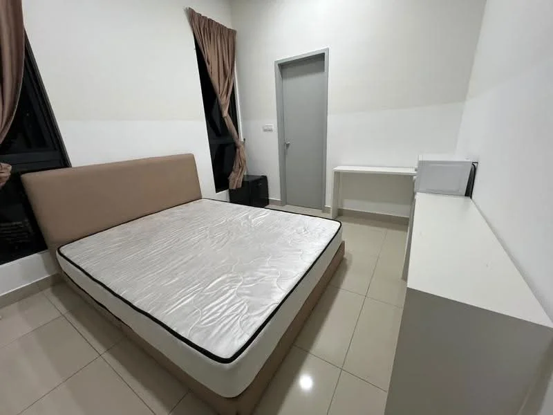 Bedroom features: queen-size bed without bedding, white walls, cream curtains, black framed windows, white tiled flooring, built-in wardrobe, study desk, microwave; style: modern.