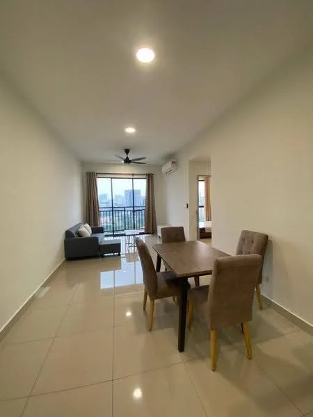 Dining features: dining table with four chairs, grey upholstered chairs, light-colored wooden legs on chairs, white walls, recessed downlights, floor-to-ceiling windows, sliding glass door, cream-colored curtains, sofa in grey fabric, polished tile flooring, ceiling fan; style: modern; view: city.