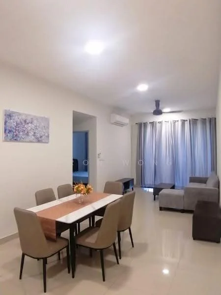 Living features: light beige painted walls, glossy ceramic tile flooring, 5-blade ceiling fan with light, sofa in light grey fabric, dark brown armchair, 6-seater dining table with wooden top, upholstered dining chairs in beige, floor-to-ceiling windows with sheer curtains, decorative artwork on wall, recessed ceiling lights; style: modern.