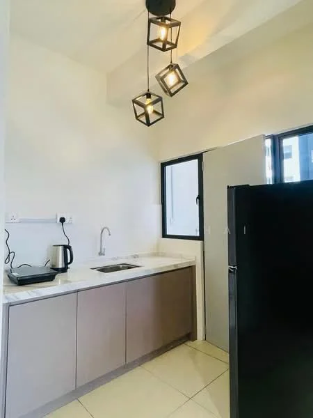Kitchen features: single-bowl stainless-steel sink, chrome pull-down faucet, marble countertop, flat-panel grey cabinets, built-in fridge, kettle, 3-blade ceiling fan, pendant lighting, tile flooring, window with view to exterior; style: modern.