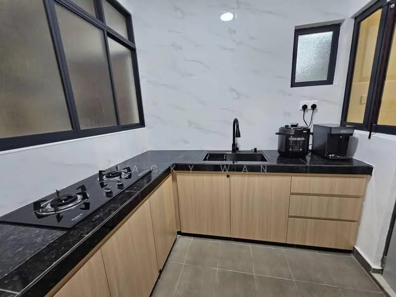 Kitchen features: black granite countertop, light wood cabinetry, double-bowl stainless-steel sink, chrome pull-down faucet, 2-burner gas hob, built-in coffee machine, built-in appliance (unknown type), grey tiled flooring, white marble-patterned wall, black framed windows; style: modern.