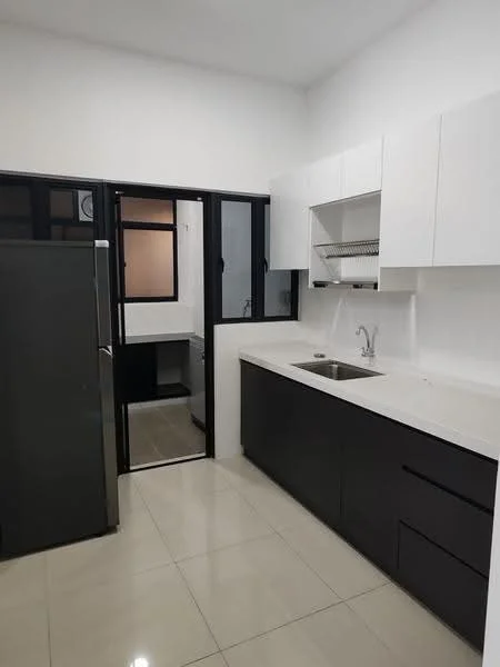 Kitchen features: stainless-steel fridge, single-bowl stainless-steel sink, chrome pull-down faucet, white quartz countertop, black lower cabinetry, white upper cabinetry, tile backsplash, ceramic tile flooring, window with black frame, open shelving, built-in cabinets; style: modern. Room features: grey tile flooring, window with black frame.