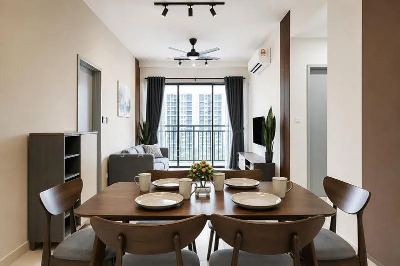 Dining features: wooden dining table, 4 dining chairs, ceramic plates, coffee mugs, decorative flower arrangement, recessed LED downlights, 5-blade ceiling fan with light, wall-mounted TV, sofa in living area visible, floor-to-ceiling windows with curtains, air conditioning unit; style: modern; view: city. Living features: sofa, TV console, wall-mounted TV; style: modern; view: city.