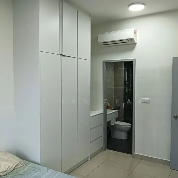 Bedroom features: built-in wardrobe with white finish, single bed with bedding, wall-mounted split AC, recessed ceiling light, white painted walls, tile flooring, en-suite bathroom door, small vanity with sink; style: modern.