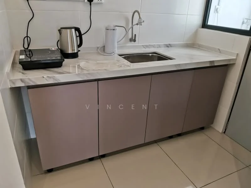 Kitchen features: single-bowl stainless-steel sink, chrome pull-down faucet, marble countertop, grey cabinetry, built-in kettle, white electric water dispenser, ceramic tile flooring, wall-mounted electrical outlets; style: modern.