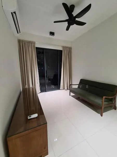 Living features: white painted walls, glossy tile flooring, 5-blade ceiling fan, sliding glass door, sheer curtains, green fabric sofa, wooden console table, air conditioning unit; style: modern.