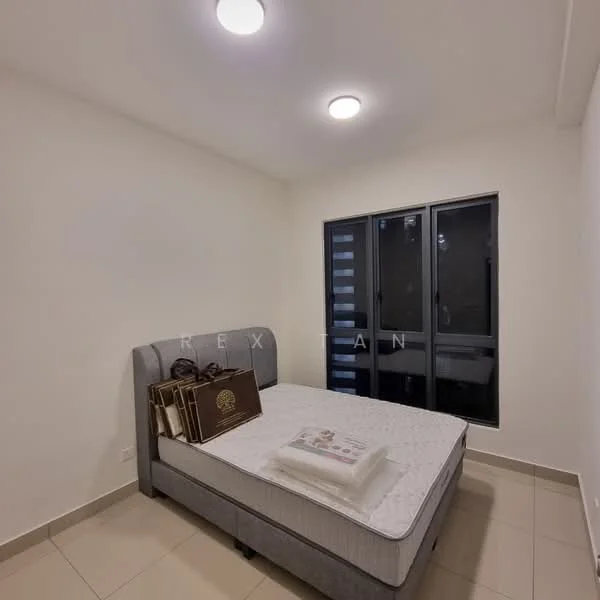Bedroom features: queen-size bed, upholstered headboard, white walls, tile flooring, two floor-to-ceiling windows, black window frames, recessed ceiling lights, bedside table, decorative bags on bed; style: modern.