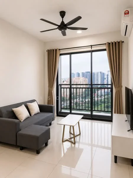 Living features: 3-seater fabric sofa in grey, 2 decorative cushions, coffee table with gold legs, wall-mounted TV, TV console, floor-to-ceiling windows, sheer curtains, 5-blade ceiling fan with light, white painted walls, glossy tile flooring; style: modern; view: city.