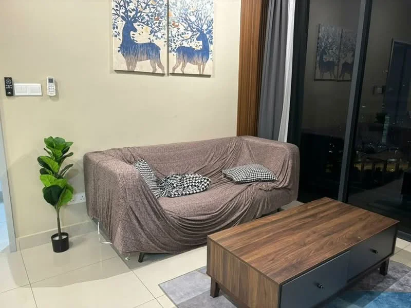 Living features: 3-seater fabric sofa in brown, black and white patterned throw pillows, wood coffee table with storage, decorative wall art with blue trees, white painted walls, large floor-to-ceiling windows, curtains in grey, indoor plant in ceramic pot, tile flooring; style: modern; view: city.
