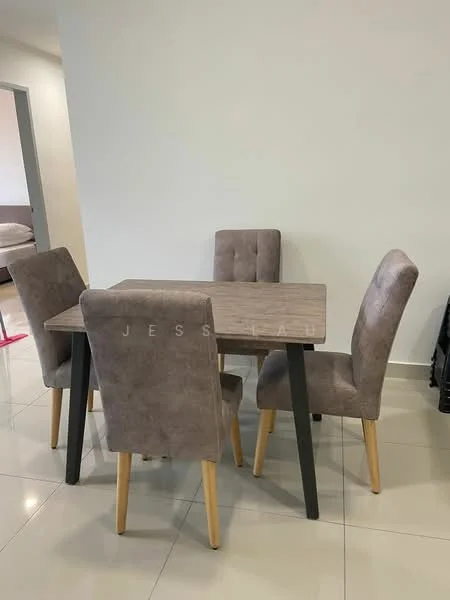 Dining features: 4-seater dining table, rectangular table with wooden top, grey upholstered dining chairs, wooden legs on chairs, glossy tile flooring, plain white walls, neutral color scheme; style: modern.