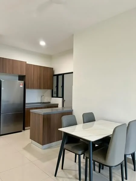 Kitchen features: stainless-steel fridge, brown wooden cabinetry, grey countertop, ceramic tile flooring, recessed downlights, single-bowl stainless-steel sink, chrome pull-down faucet, open layout to dining area; style: modern. Dining features: 4-seater dining table with marble top, grey upholstered dining chairs; style: modern.