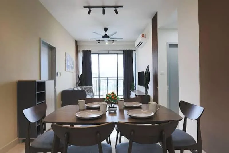 Dining features: 6-seater dining table, wooden dining chairs, decorative centerpiece with flowers, grey wall, cream painted walls, floor-to-ceiling windows, curtains, ceiling fan with light, wall-mounted air conditioning unit, open shelving unit, sofa in grey fabric, potted plants; style: modern; view: city.