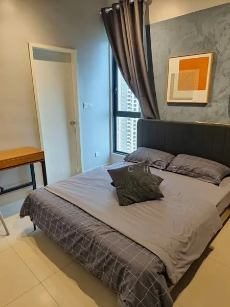 Bedroom features: queen-size bed with grey bedding, upholstered headboard, decorative throw pillow, floor-to-ceiling window, curtains, light grey painted walls, tile flooring, wooden desk, chair, framed artwork on wall; style: modern; view: city.
