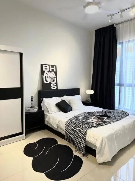 Bedroom features: queen-size bed with white bedding, black upholstered headboard, black bedside table, table lamp with white shade, black and white wall art, black and white throw blanket, area rug with abstract pattern, floor-to-ceiling windows with sheer curtains, dark curtains, recessed ceiling lights, white painted walls, glossy tile flooring; style: modern; view: city.