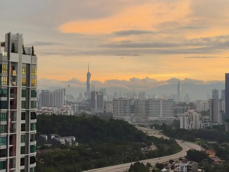 Exterior type: high-rise condominium; features: glass curtain wall, recessed balconies, surrounded by mature greenery, city skyline view, urban context, approximately 20-storey high-rise; style: modern.