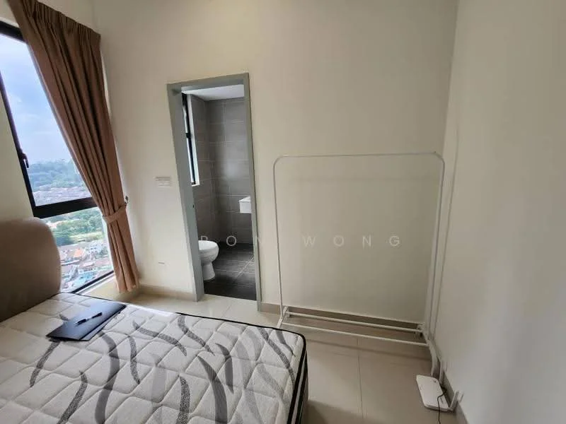 Bedroom features: queen-size bed, mattress, floor-to-ceiling window, curtains, tile flooring, wall-mounted mirror, clothes rack, light switch, neutral painted walls; style: modern; view: city. Bathroom features: toilet, sink, grey tiled walls, grey tiled flooring, mirror, light fixture; style: modern.