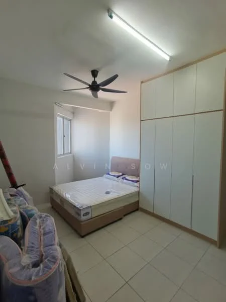 Bedroom features: queen-size bed, upholstered headboard, built-in wardrobe with sliding doors, ceiling fan, white painted walls, tile flooring, window with white frame, light fixture with fluorescent lighting; style: modern.