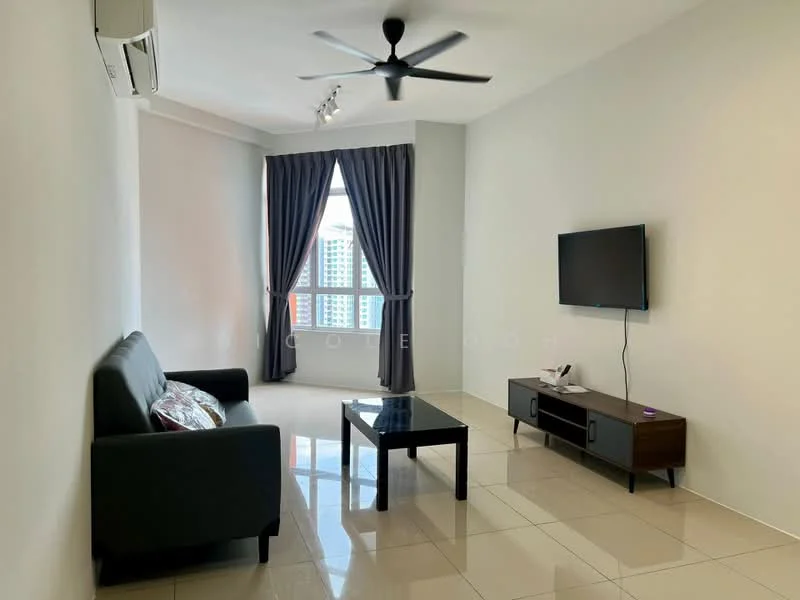 Living features: 3-seater fabric sofa in dark grey, black coffee table, wall-mounted TV, floor-to-ceiling windows, grey curtains, recessed downlights, wall-mounted air conditioning unit, glossy ceramic tile flooring, decorative throw pillows; style: modern; view: city.