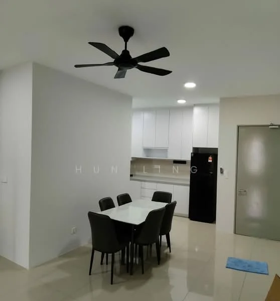 Dining features: 6-seater dining table, black upholstered dining chairs, white walls, polished tile flooring, 5-blade ceiling fan with light, recessed downlights, kitchen cabinetry, black refrigerator, open kitchen layout; style: modern.