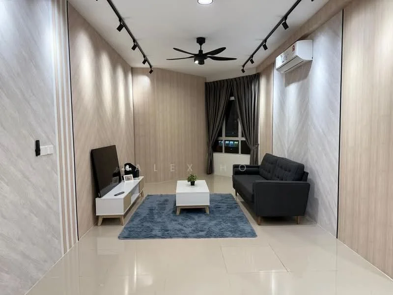 Living features: 3-seater fabric sofa in black, coffee table with white top and wooden legs, TV console in white with storage, wall-mounted TV, area rug in blue, ceiling fan with light, wall-mounted air conditioning unit, curtains in grey, accent wall with wood paneling, polished tile flooring, recessed ceiling lights; style: modern; view: city.