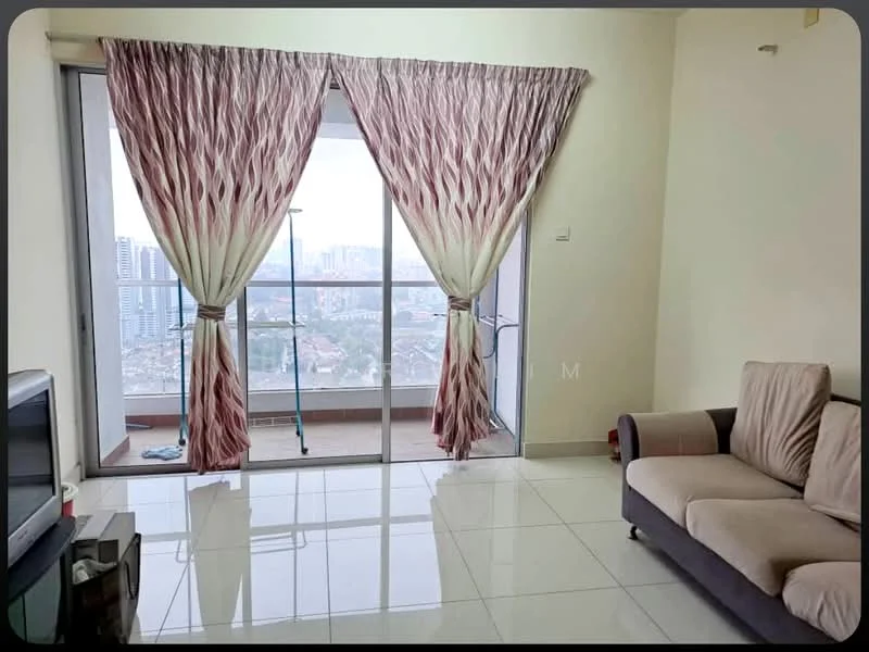 Living features: floor-to-ceiling windows, sliding glass door, sheer curtains, curtains with geometric pattern, white painted walls, glossy ceramic tile flooring, 2-seater fabric sofa in beige, TV console, city view, wall-mounted TV, decorative wall clock; style: modern; view: city.
