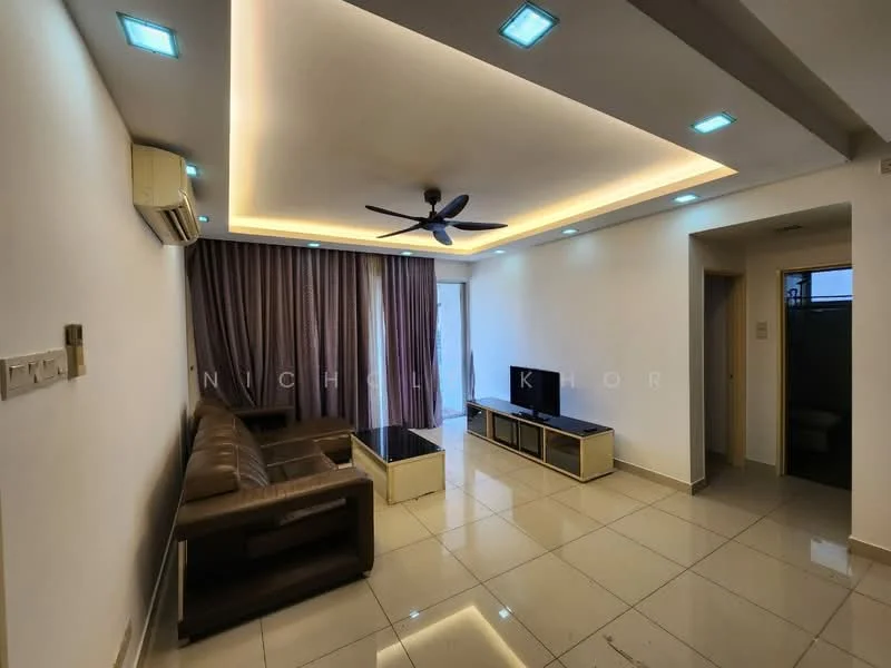 Living features: 3-seater leather sofa in brown, coffee table, TV console, wall-mounted TV, recessed LED downlights, 5-blade ceiling fan with light, cream painted walls, glossy tile flooring, floor-to-ceiling windows with sheer curtains, sliding glass door leading to balcony, decorative ceiling with cove lighting; style: modern.