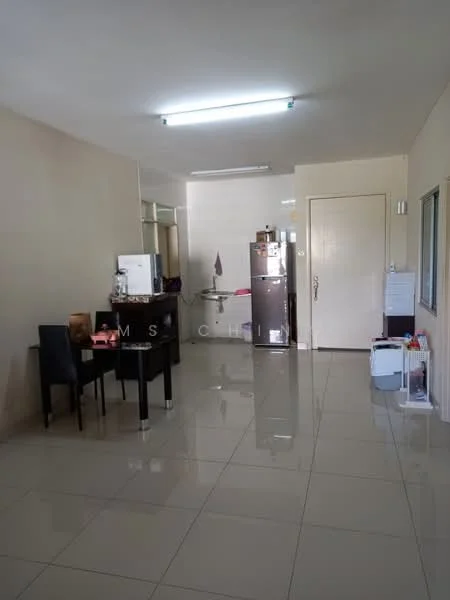 Room features: white painted walls, glossy tile flooring, refrigerator, dining table with chairs, kitchen sink, countertop, door, window, ceiling lights.