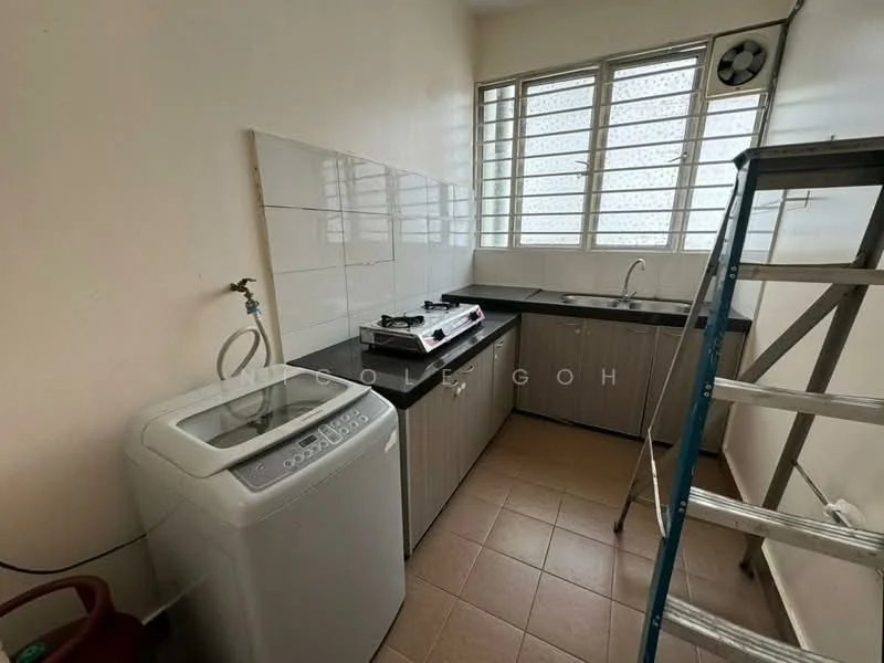 Kitchen features: single-bowl stainless-steel sink, chrome pull-down faucet, gas stove with two burners, washing machine, grey cabinetry, black countertop, white tiled backsplash, tile flooring, window with horizontal slats, ladder, open shelving; style: modern.