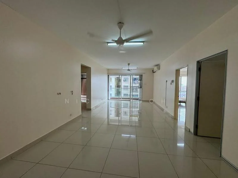 Living features: white painted walls, glossy ceramic tile flooring, 5-blade ceiling fan with light, recessed LED downlights, floor-to-ceiling windows, sliding glass door, air conditioning unit, open layout, neutral color scheme, natural light from windows; style: modern; view: city.