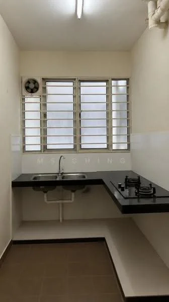 Kitchen features: single-bowl stainless-steel sink, chrome pull-down faucet, black countertop, 2-burner gas hob, wall-mounted exhaust fan, white tiled backsplash, cream painted walls, brown ceramic tile flooring, sliding windows with metal grilles, open shelving, under-sink plumbing; style: modern.