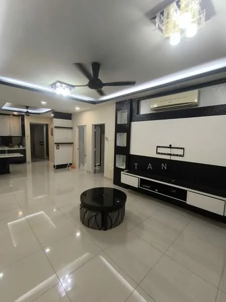Living features: glossy white tile flooring, black accent wall with shelves, white cabinetry with drawers, black round coffee table, 5-blade ceiling fan with light, recessed LED downlights, air conditioning unit, wall-mounted TV console; style: modern. Kitchen features: open kitchen layout, white cabinetry, black countertops, stainless-steel appliances; style: modern.
