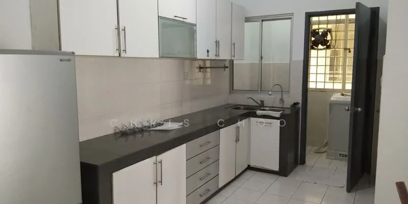 Kitchen features: white cabinetry with flat-panel doors, black granite countertop, single-bowl stainless-steel sink, chrome pull-down faucet, built-in oven, freestanding fridge, ceramic tile flooring, wall-mounted fan, window for natural light, washing machine in corner, tile backsplash, open shelving; style: modern.