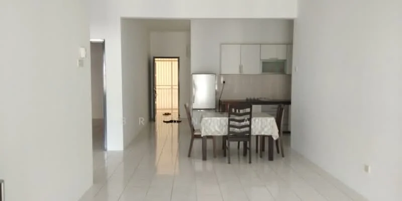 Dining features: white walls, glossy white tile flooring, 4-seater dining table with light wood finish, chairs with light wood finish, kitchen area visible in background, stainless-steel fridge, kitchen cabinetry, countertop, open layout; style: modern. Room features: white walls, glossy white tile flooring, doorway leading to another room, doorway leading to kitchen area.