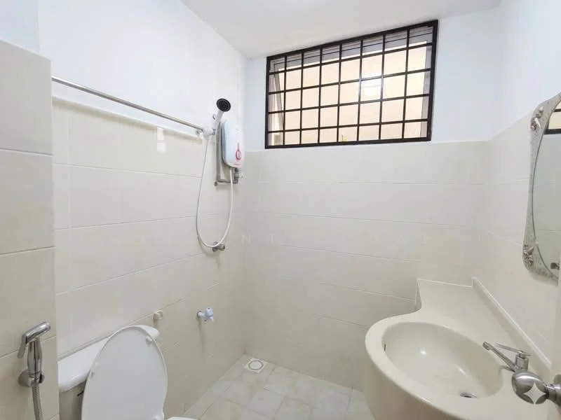 Bathroom features: white tiled walls, light beige tiled flooring, single-sink vanity with integrated countertop, mirror above sink, one-piece toilet, shower area with handheld showerhead, window with metal grille, wall-mounted water heater; style: modern.