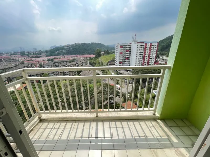 Balcony features: white railing, green painted walls, tiled flooring, city view, outdoor space; view: city.