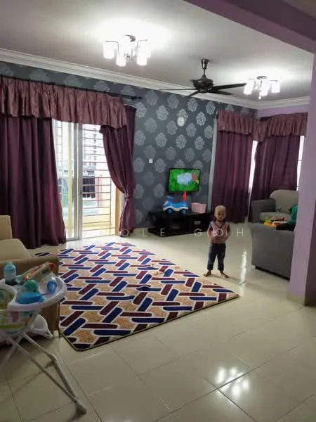 Living features: cream tiled flooring, purple accent wall with pattern, grey sofa, light-colored armchair, large area rug with geometric pattern, 5-blade ceiling fan with light, two sets of floor-to-ceiling curtains in purple, TV on stand, child's play area with toys, sliding glass door leading to balcony; style: contemporary.