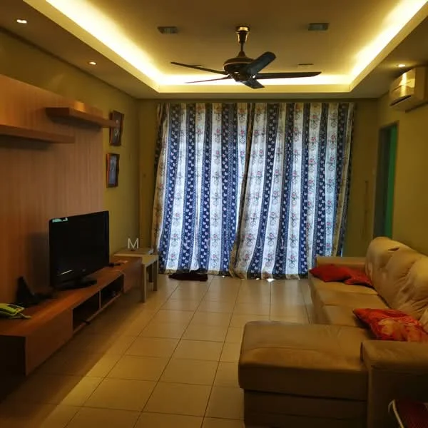 Living features: cream leather sofa, wooden TV console, wall-mounted TV, ceiling fan with light, recessed downlights, decorative wall shelves, large patterned curtains, tile flooring; style: modern.