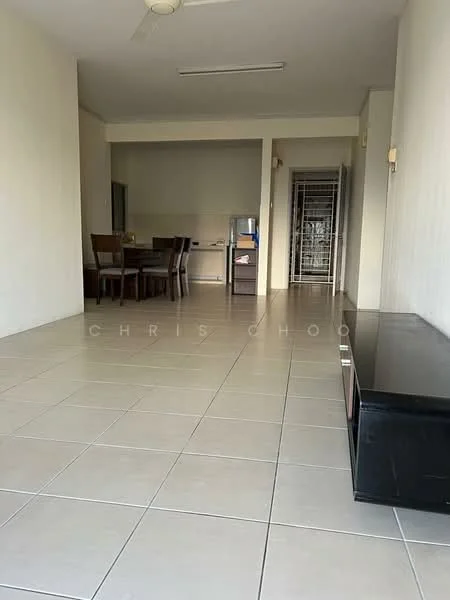 Living features: large floor tiles, white painted walls, ceiling fan, dining table with chairs, TV console, open layout, natural light from windows, neutral color scheme; style: modern.