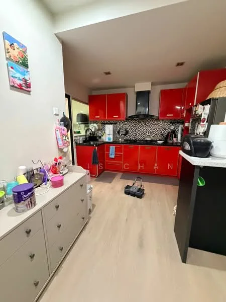 Kitchen features: red cabinetry, black and white mosaic tile backsplash, stainless-steel sink, chrome pull-down faucet, granite countertop, built-in oven, freestanding range oven, microwave, dishwasher, refrigerator, laminate flooring, pendant light, wall-mounted cabinets, open shelving, decorative wall art; style: modern.