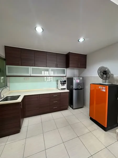 Kitchen features: brown wooden cabinetry, white countertop, single-bowl stainless-steel sink, chrome pull-down faucet, built-in coffee machine, stainless-steel fridge, orange fridge, wall-mounted fan, ceramic tile flooring, recessed downlights, glass backsplash, window with view, open shelving; style: modern.