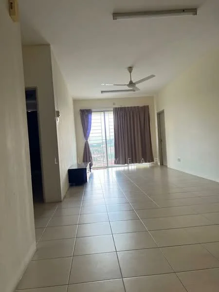 Living features: white painted walls, tile flooring, 5-blade ceiling fan, floor-to-ceiling windows, curtains in purple, neutral color scheme, spacious layout, natural light; style: modern; view: city.