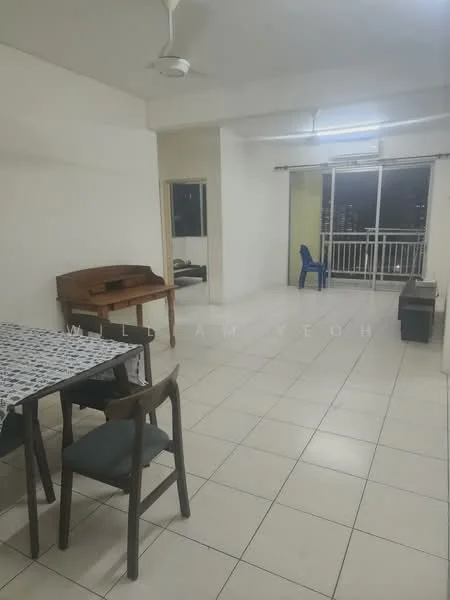 Living features: white painted walls, tile flooring, ceiling fan, dining table with tablecloth, wooden side table, blue plastic chair, sliding glass door, balcony view, large windows, natural light; view: city.